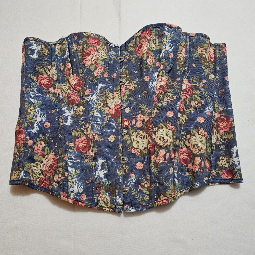 Denim Corset XL Floral Strapless Lace Up Bustier. Festival, Romantic, Cottage